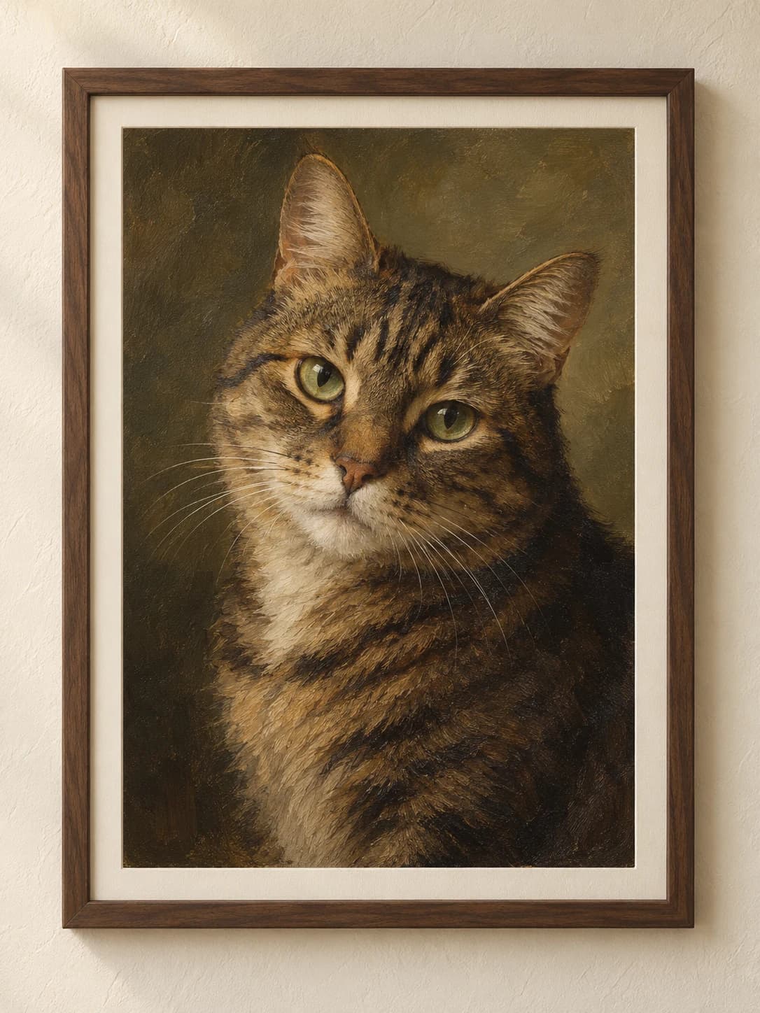 A tabby cat captured in a framed heirloom oil portrait