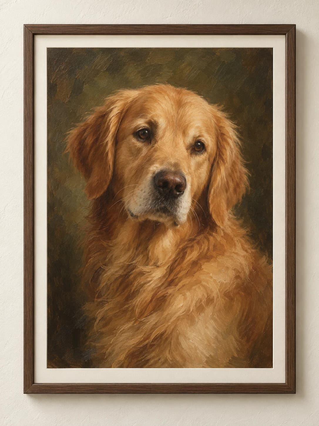 Golden retriever oil portrait in a premium walnut-tone frame