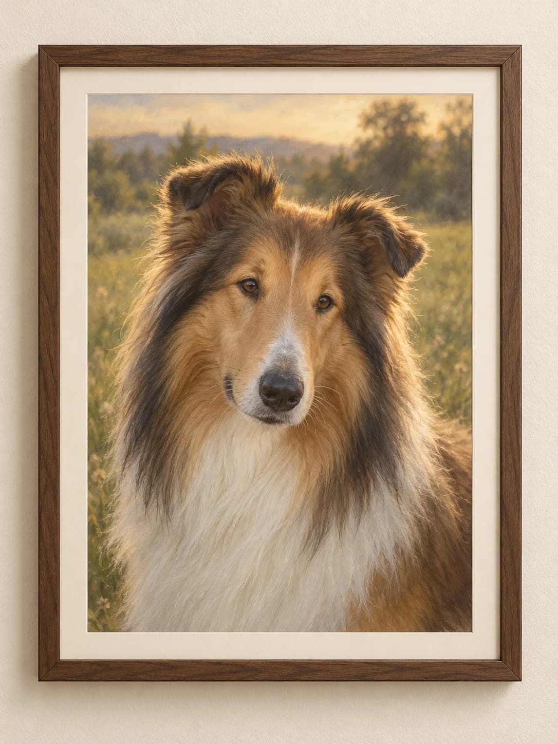 A collie in soft golden light, framed as Rainbow Bridge art