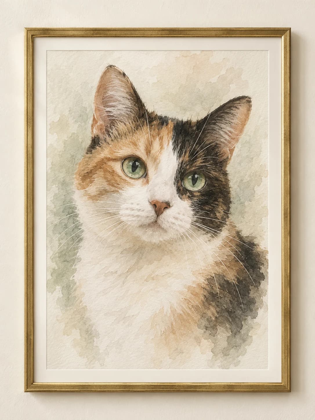 Calico cat watercolor portrait in an antique-gold frame
