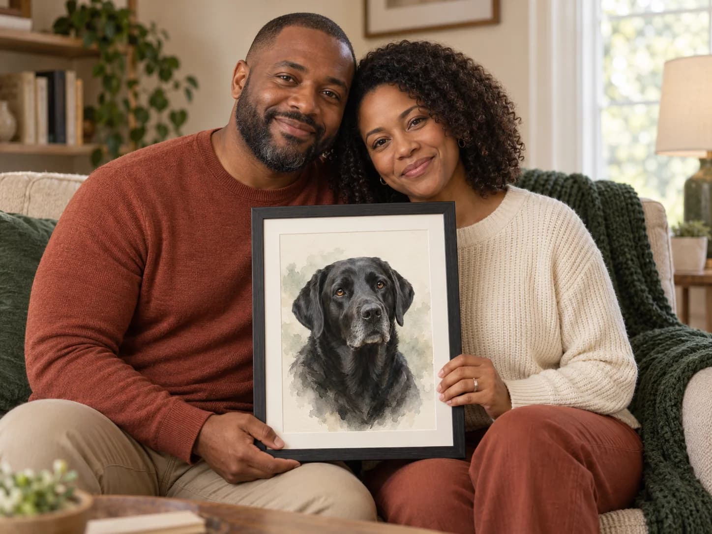 At-home example with a framed black labrador portrait
