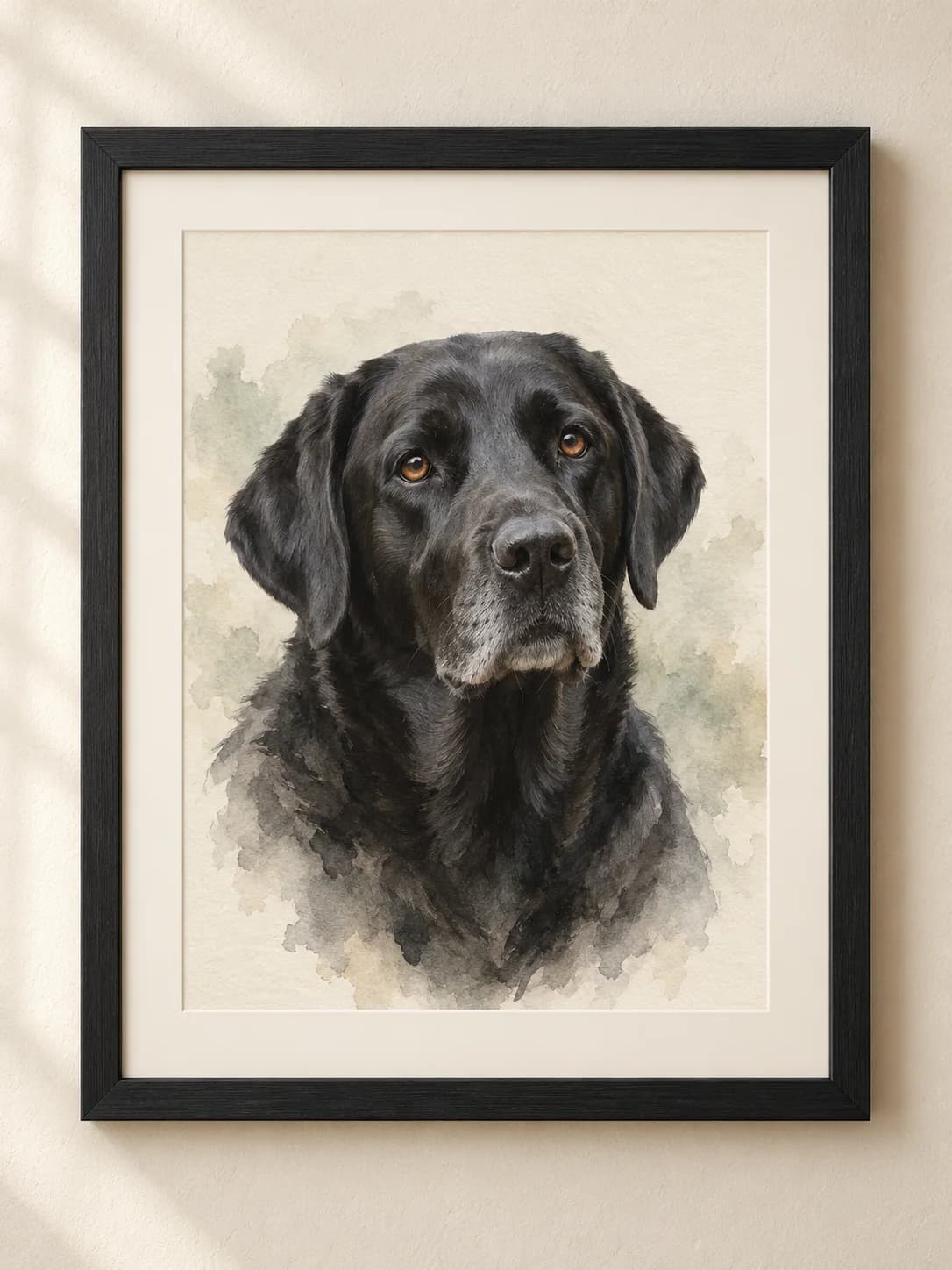 Watercolor Remembrance framed black labrador portrait example