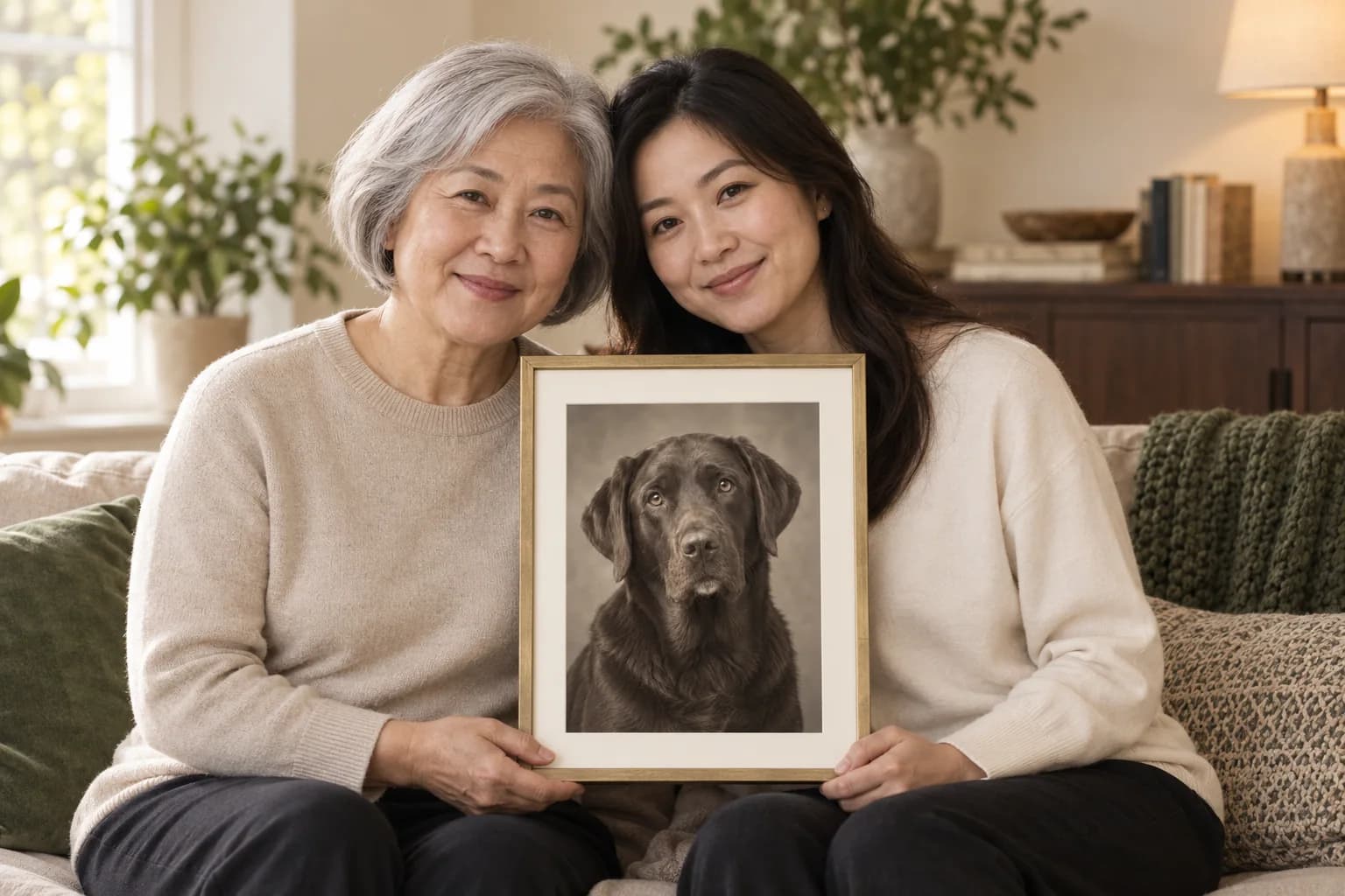 At-home example with a framed chocolate labrador portrait