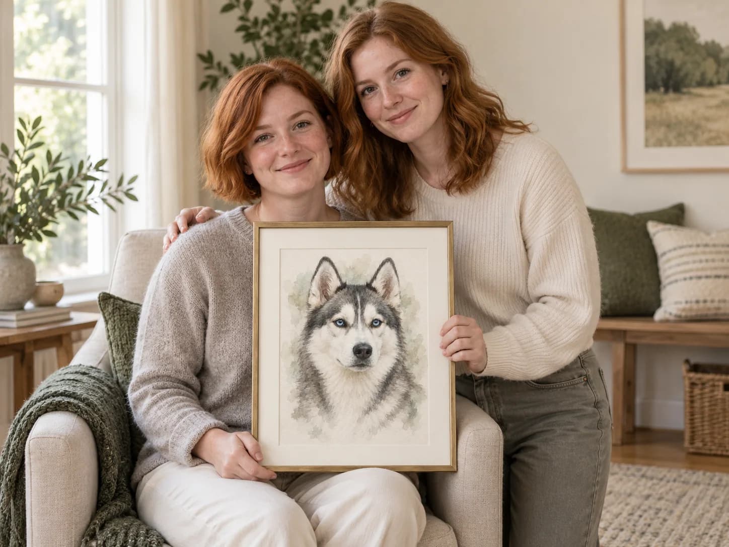 At-home example with a framed blue eyed husky portrait