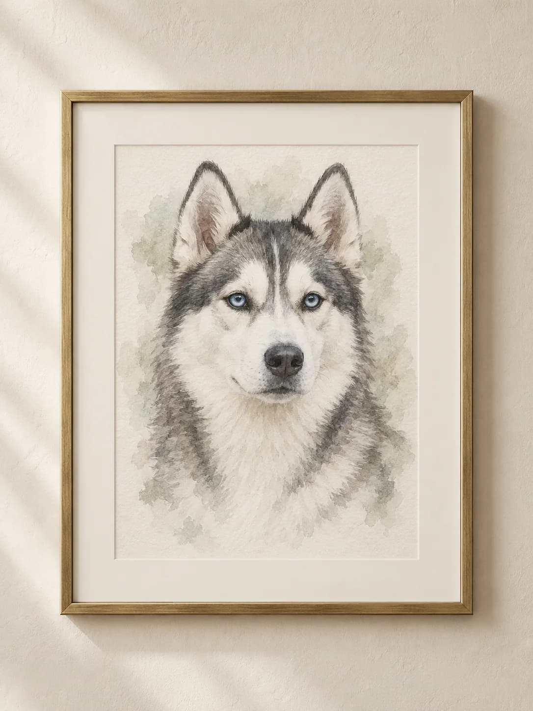 Watercolor Remembrance framed blue eyed husky portrait example