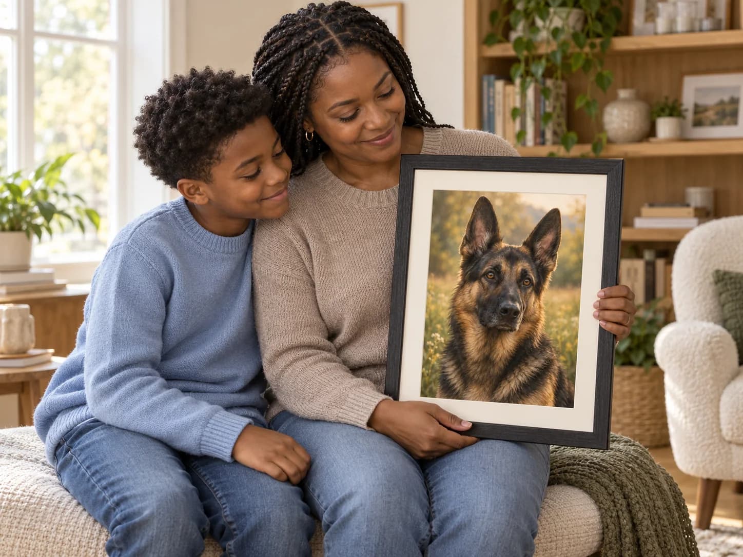At-home example with a framed german shepherd portrait