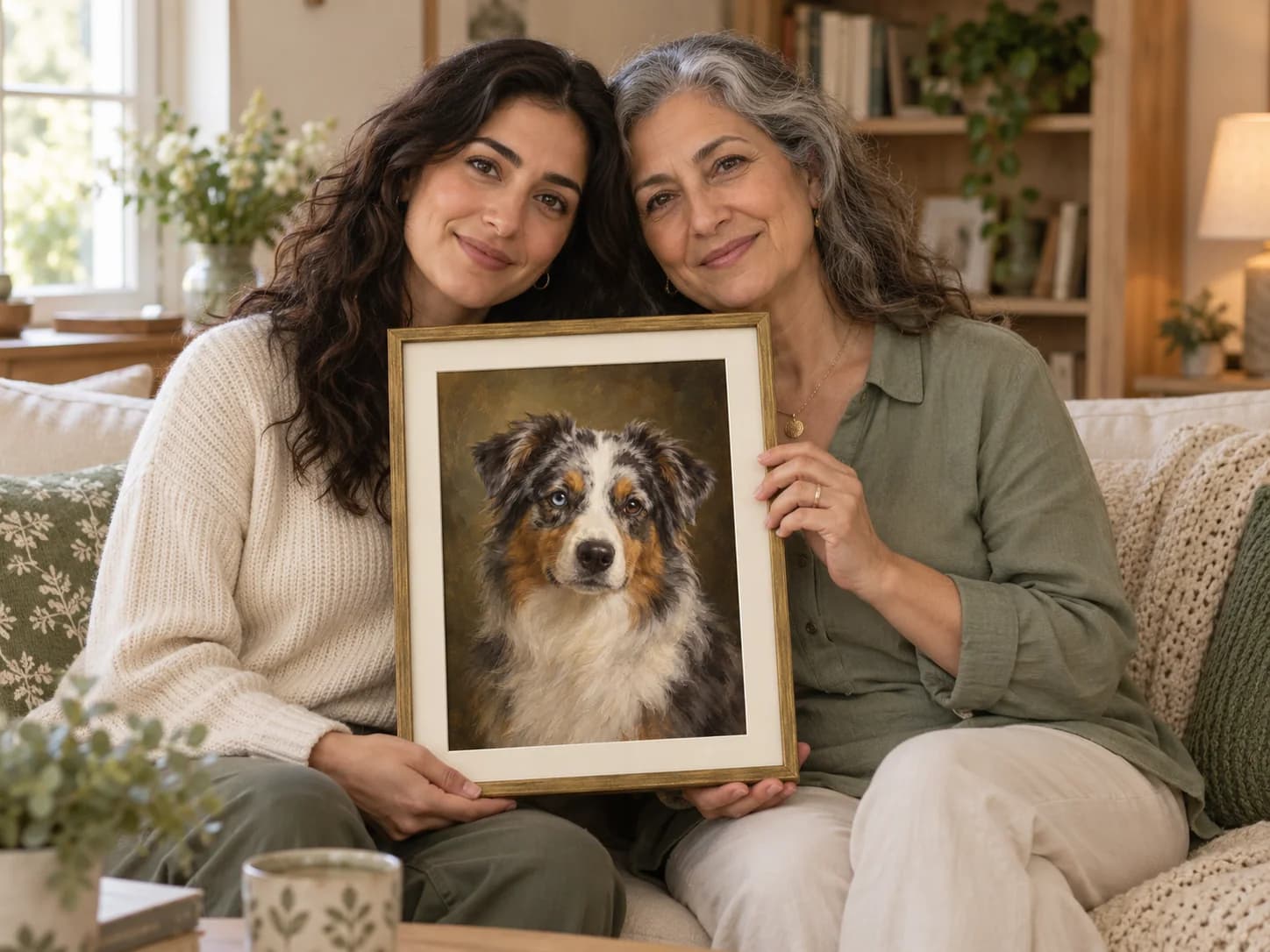At-home example with a framed blue merle aussie portrait