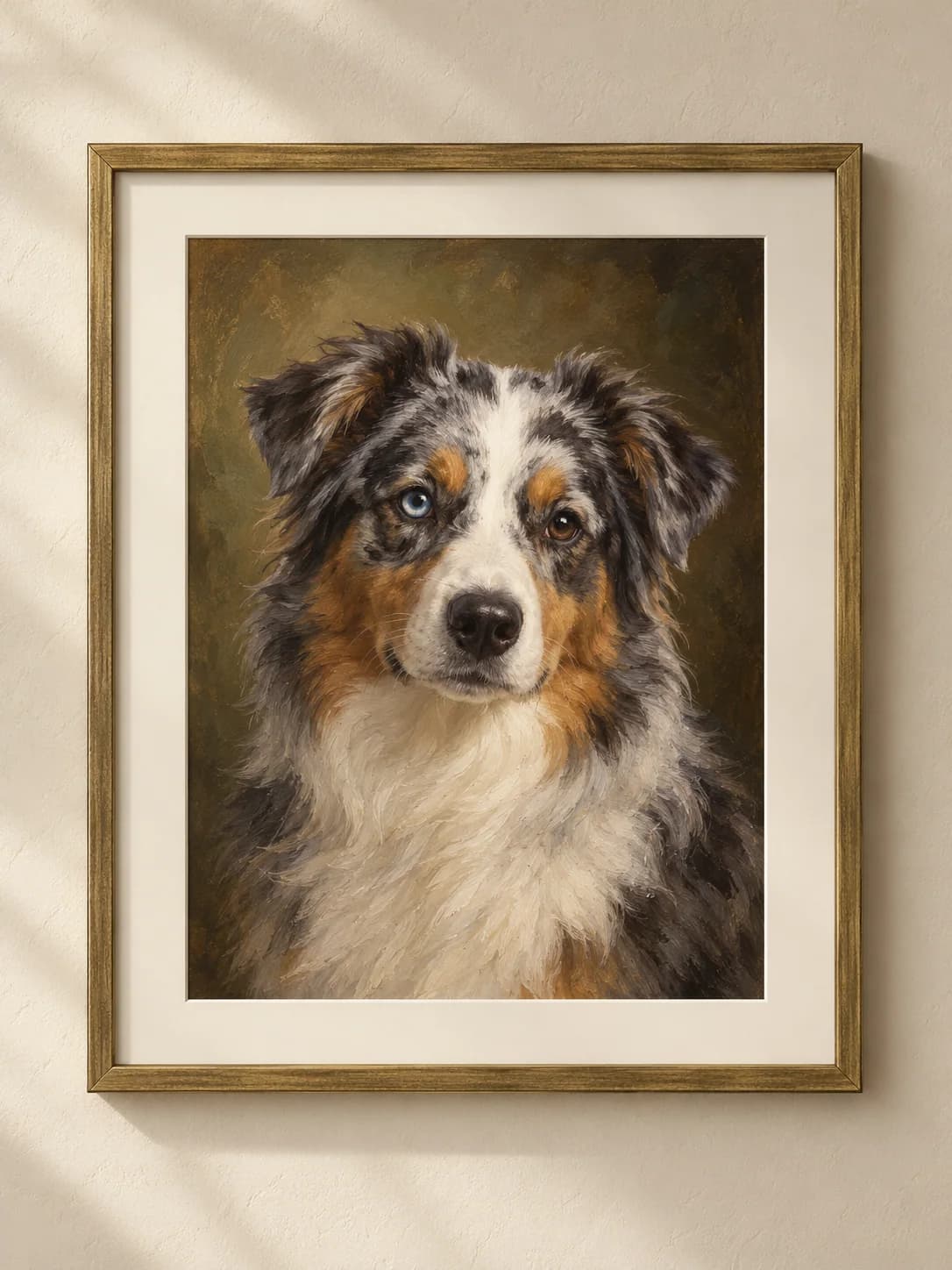 Heirloom Oil framed blue merle aussie portrait example