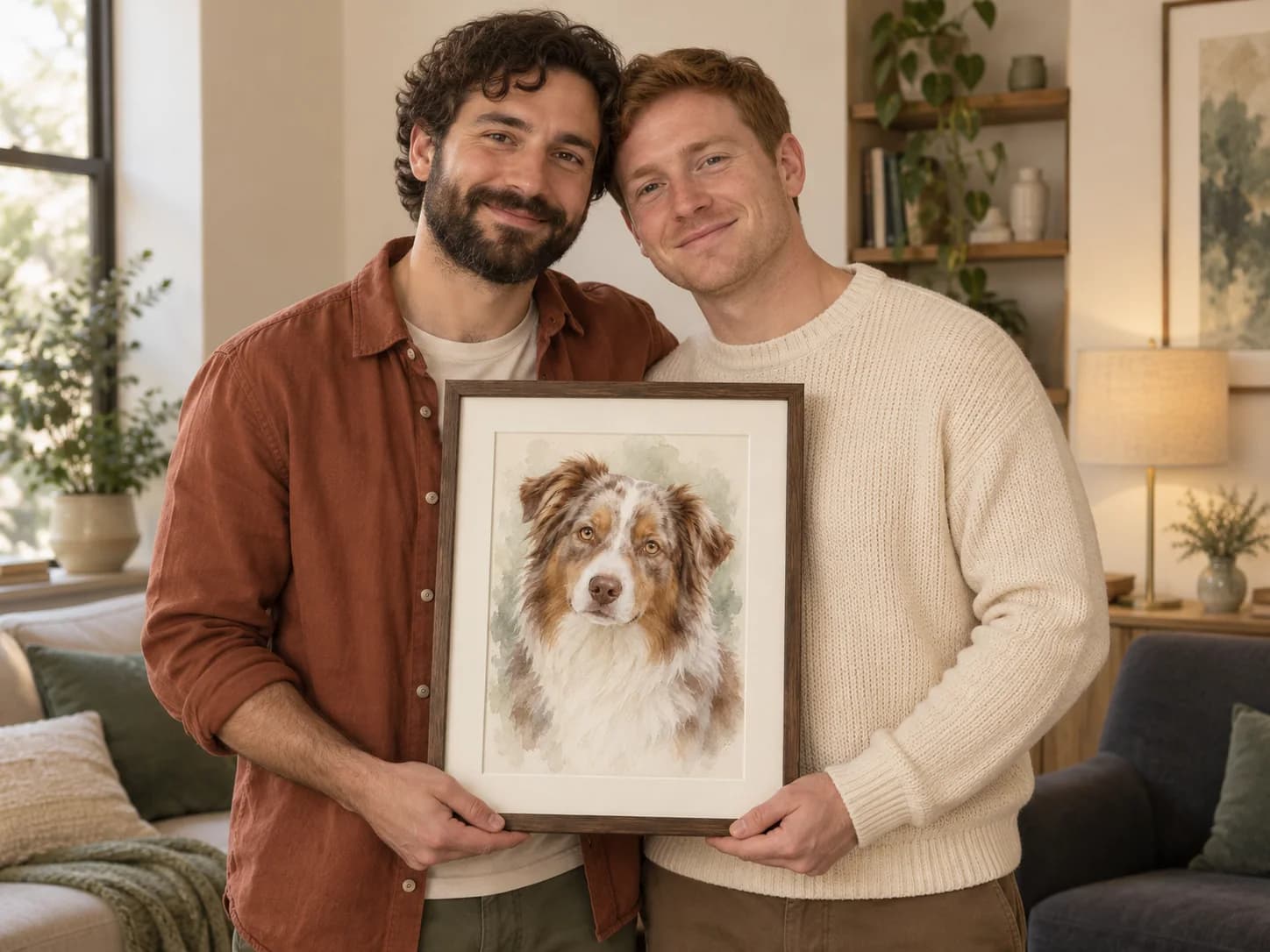 At-home example with a framed red merle aussie portrait