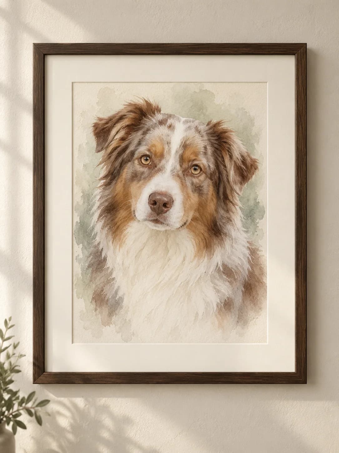Watercolor Remembrance framed red merle aussie portrait example