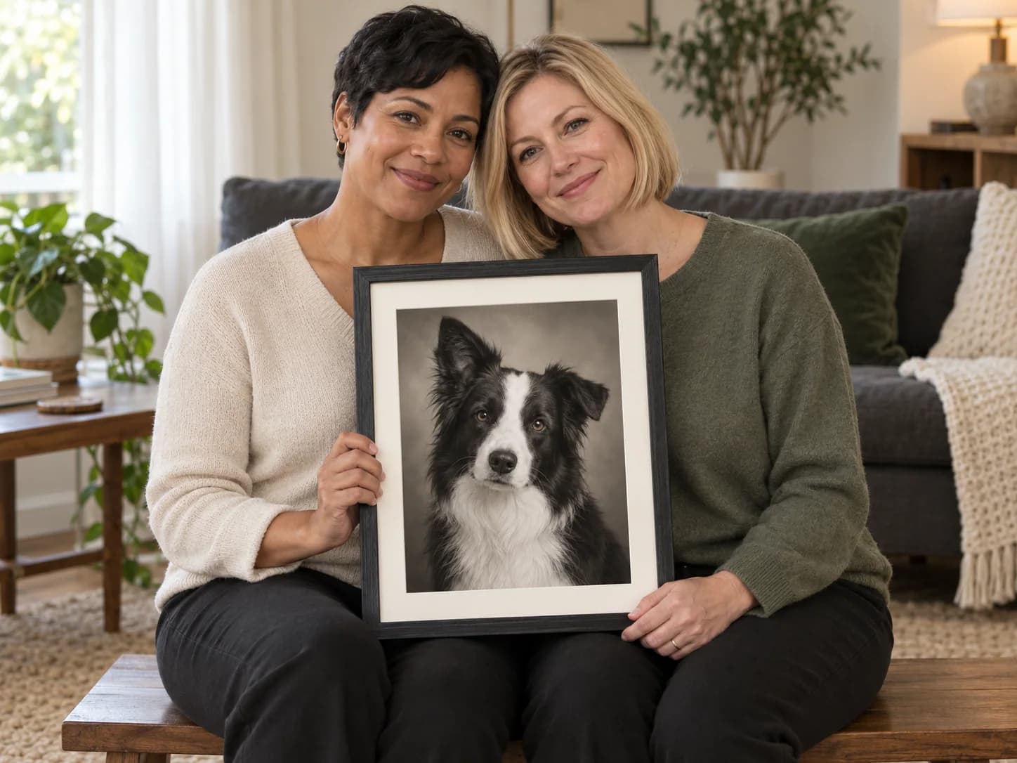 At-home example with a framed black border collie portrait