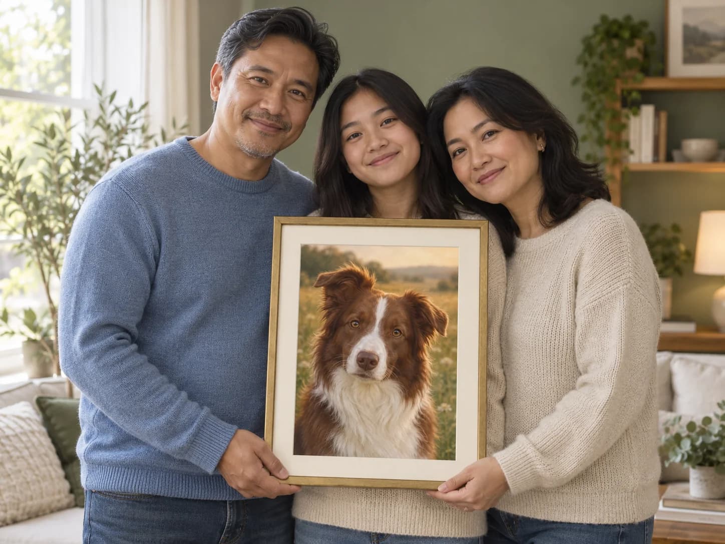At-home example with a framed red border collie portrait