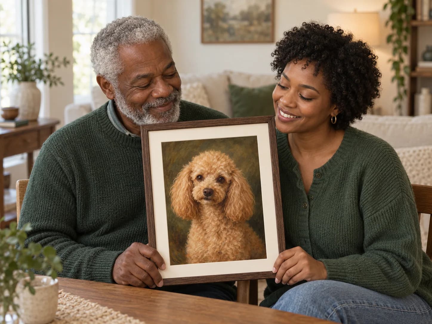 At-home example with a framed apricot poodle portrait