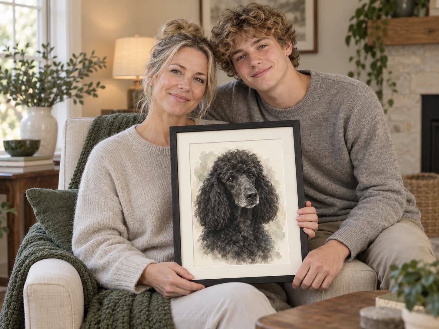 At-home example with a framed black standard poodle portrait