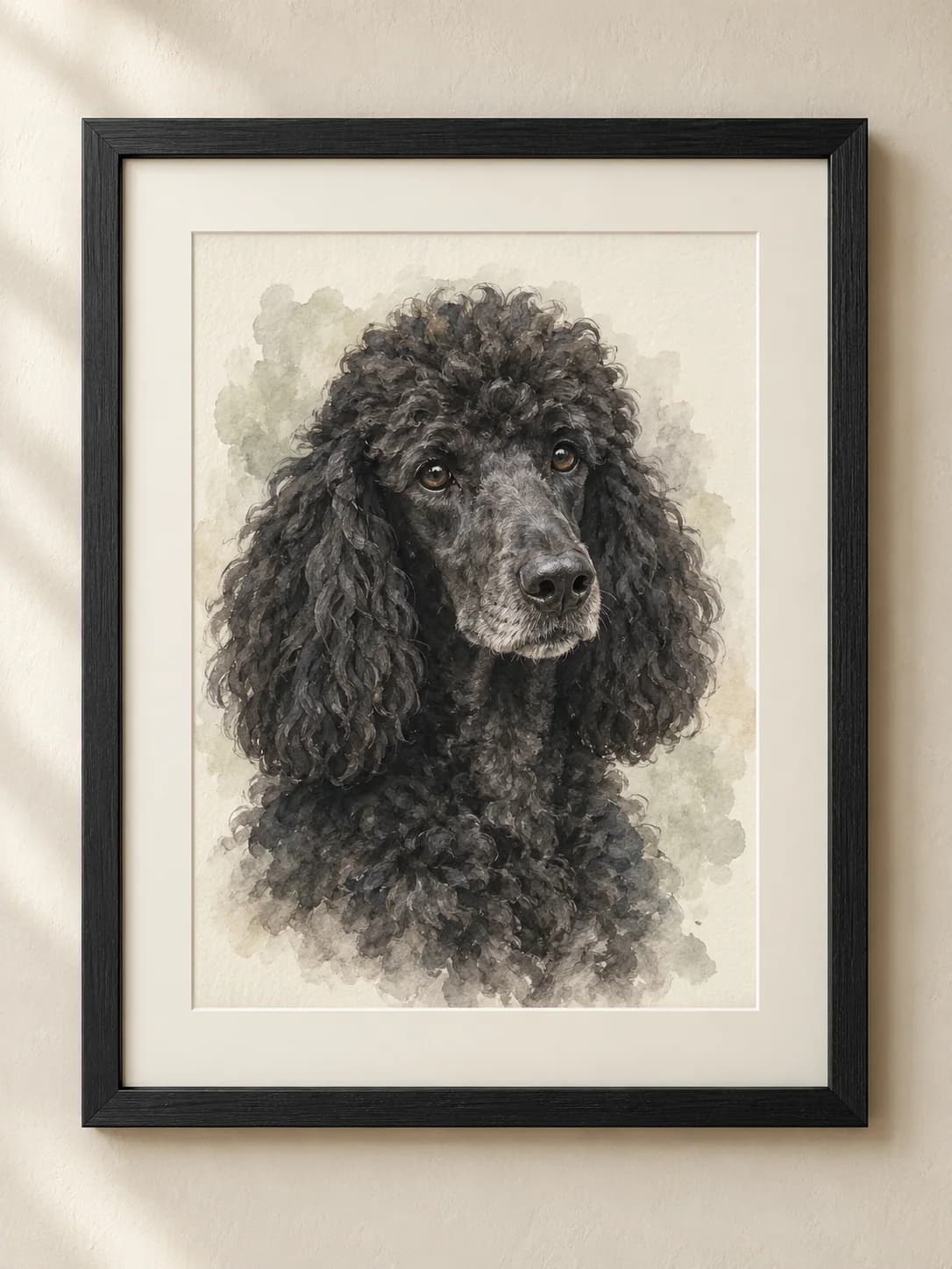 Watercolor Remembrance framed black standard poodle portrait example