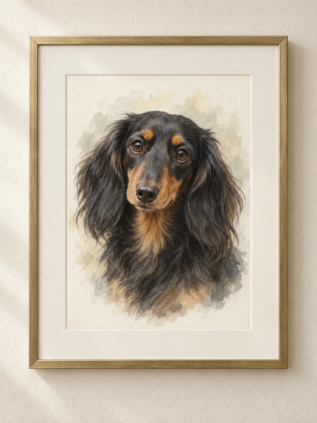 Watercolor Remembrance framed longhair dachshund portrait example