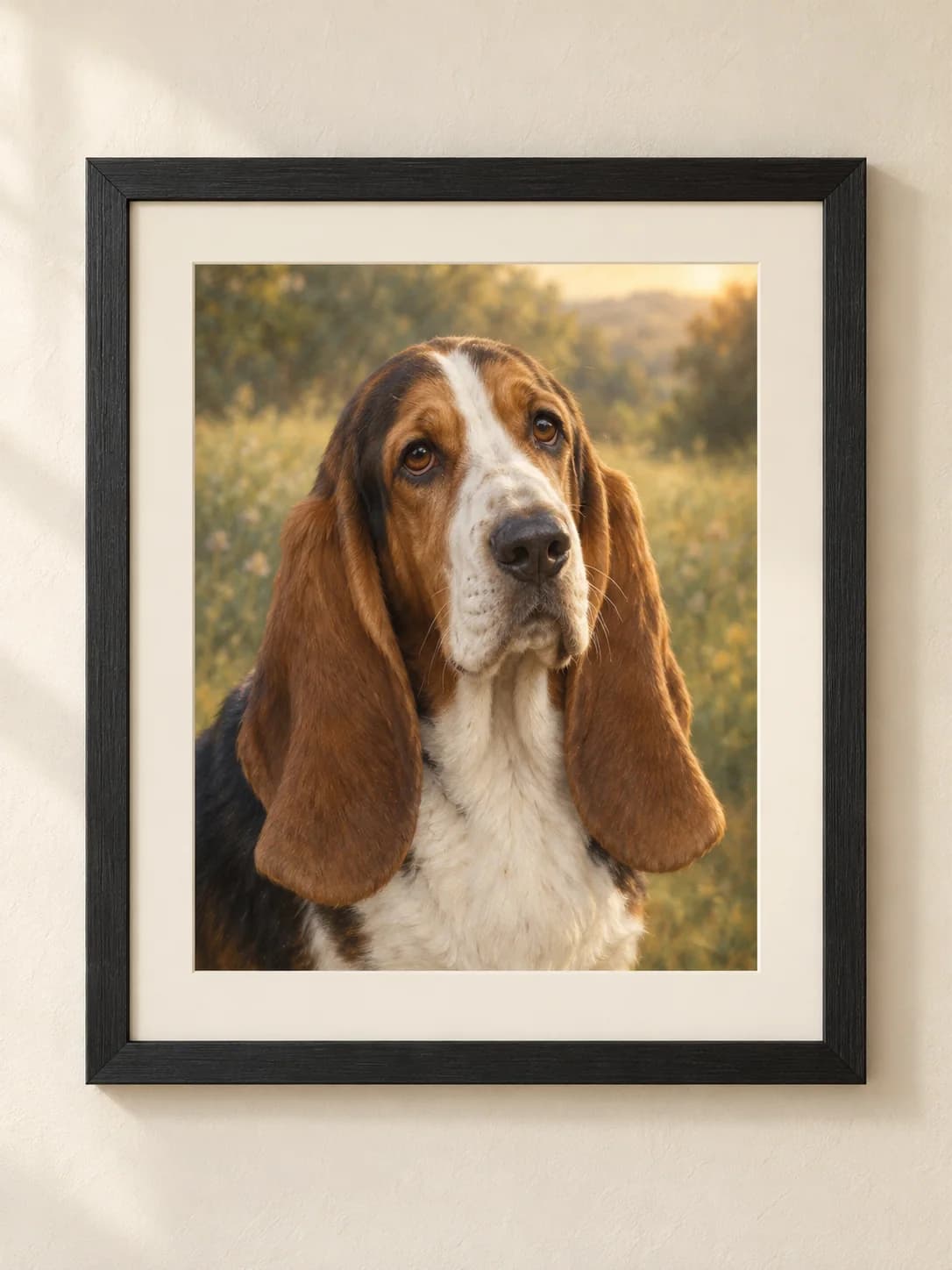 Rainbow Bridge framed basset hound portrait example