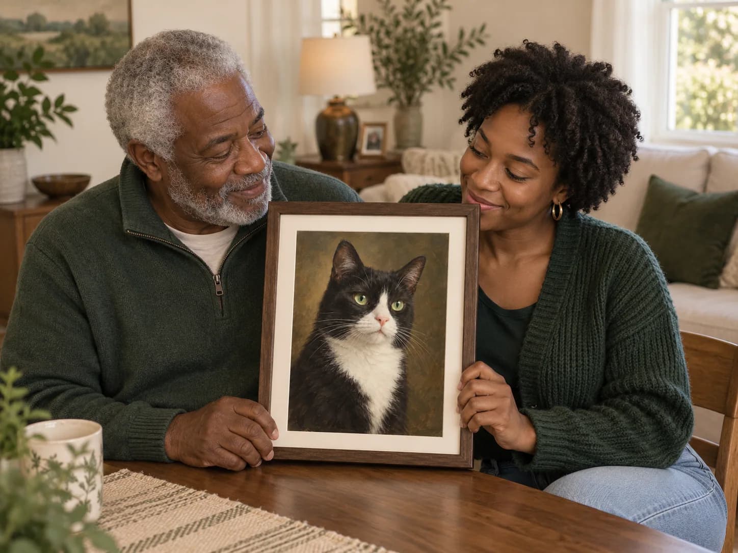 At-home example with a framed tuxedo cat portrait