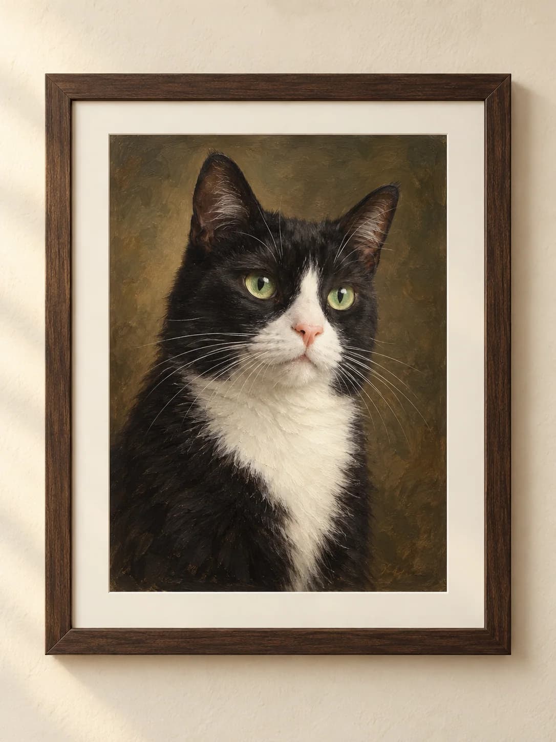 Heirloom Oil framed tuxedo cat portrait example