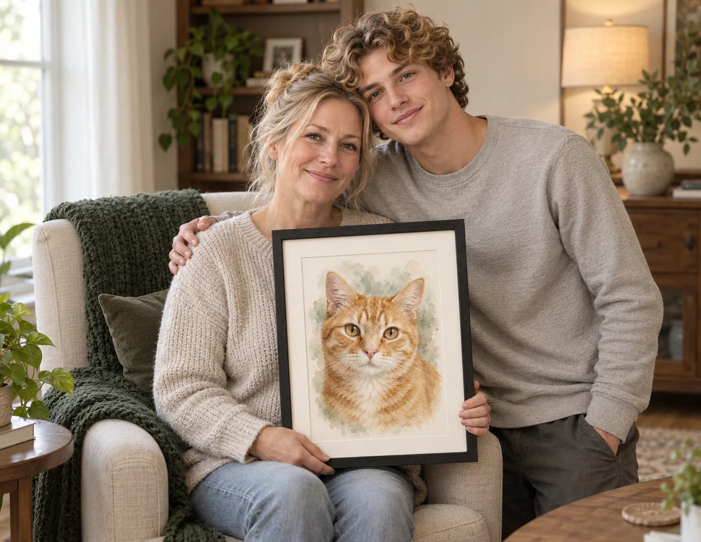 At-home example with a framed ginger tabby cat portrait