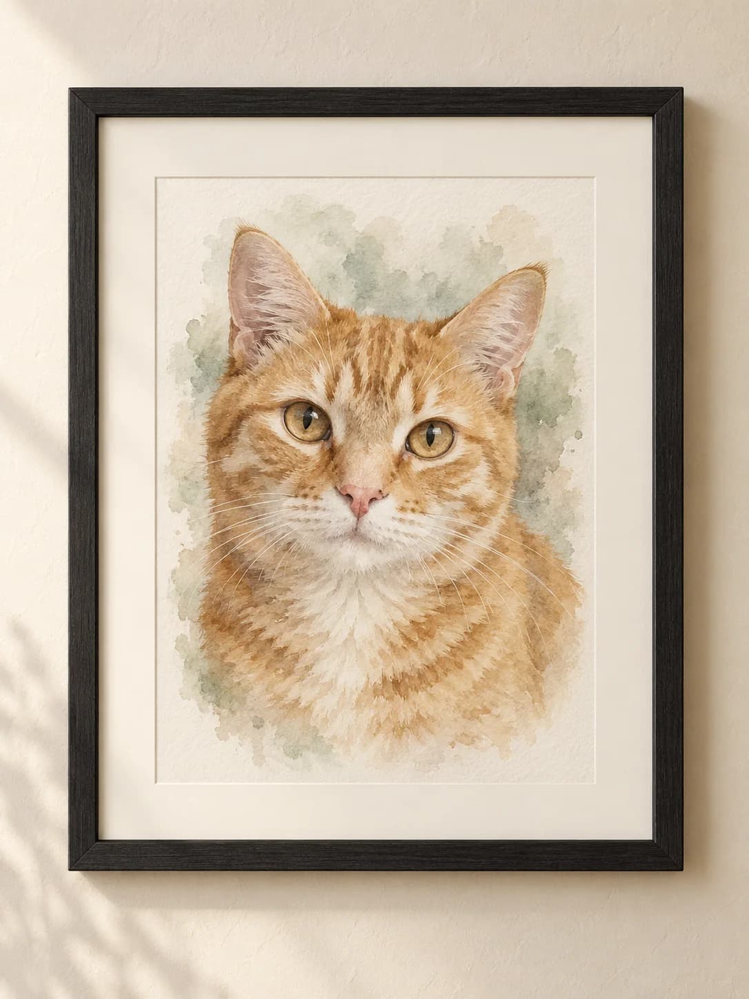 Watercolor Remembrance framed ginger tabby cat portrait example