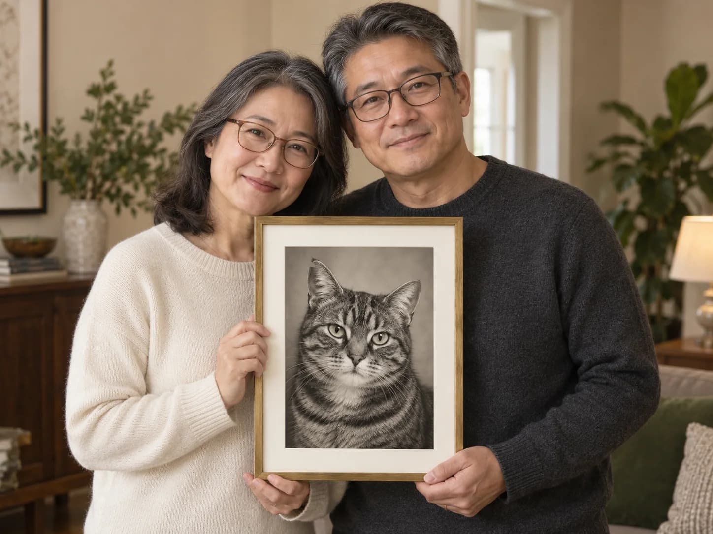 At-home example with a framed silver tabby cat portrait