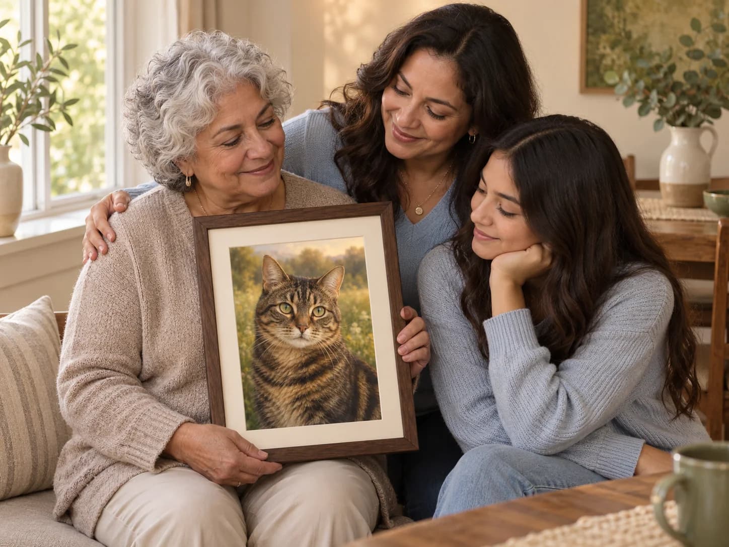 At-home example with a framed brown classic tabby portrait